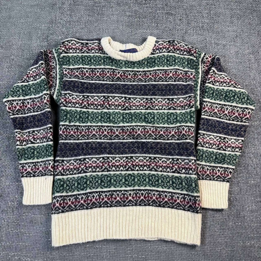 Wm H Leishman Fair Isle Sweater Mens Medium Green Shetland Wool Vintage 90s